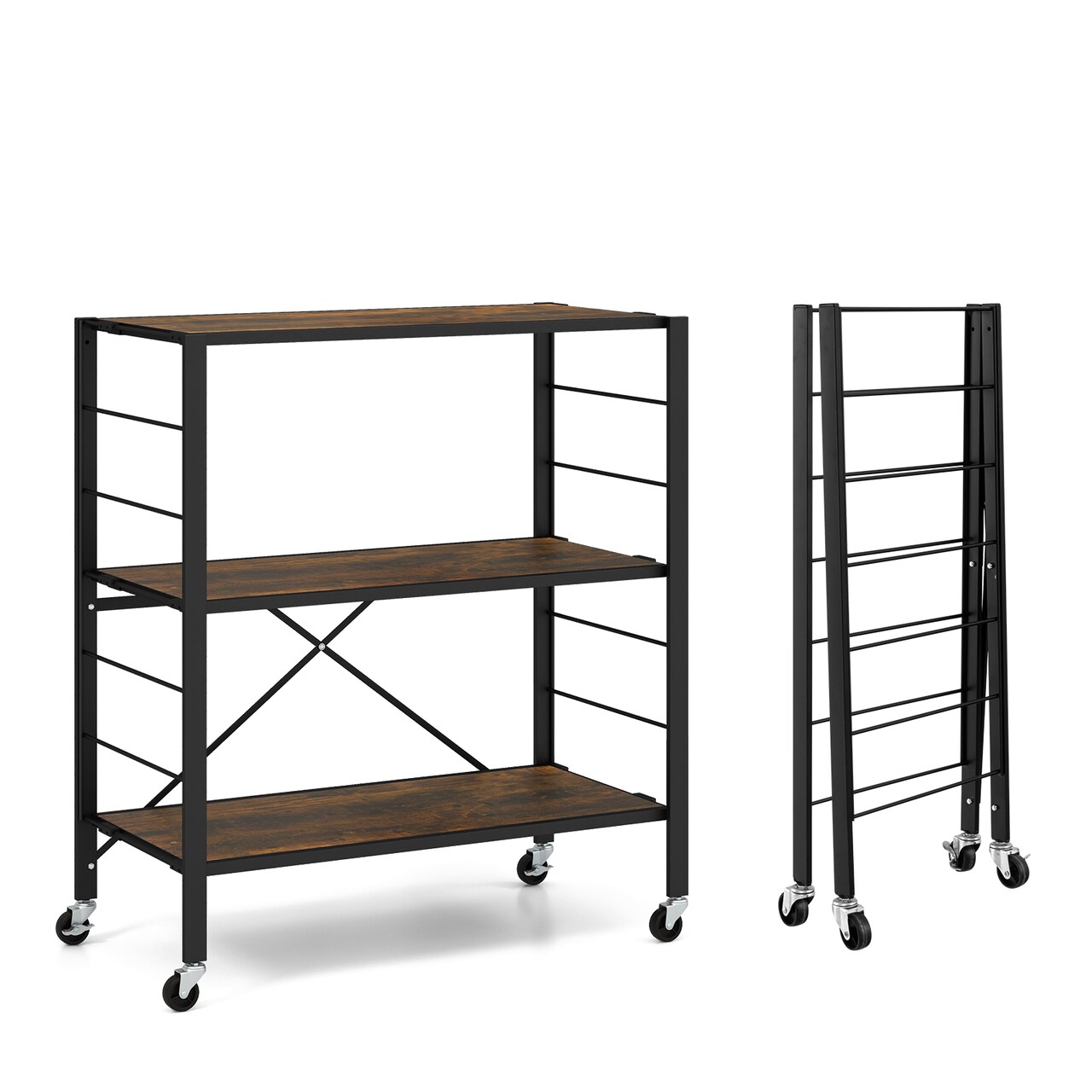 3-tier Foldable Shelving Unit With Detachable Wheels And Adjustable Shelves-Black